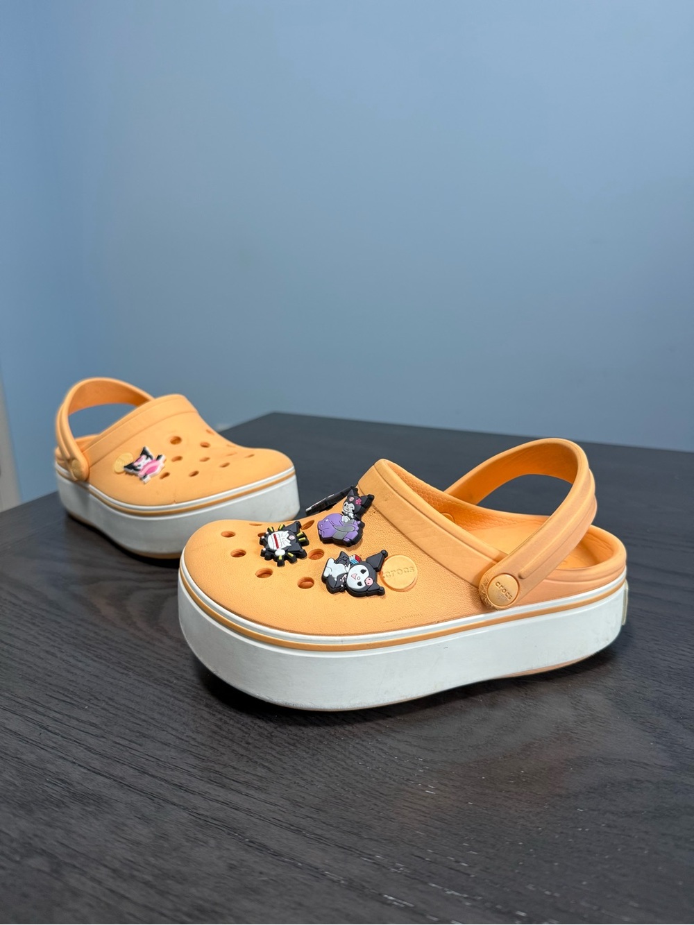 Crocs Kids Platform Clogs Apricot Orange White Size J1 with Charms